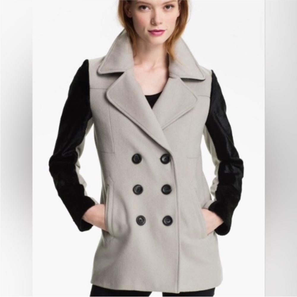 Rebecca Minkoff Women's Black and Biege Pea Coat Winter Wool Calf Hair Medium